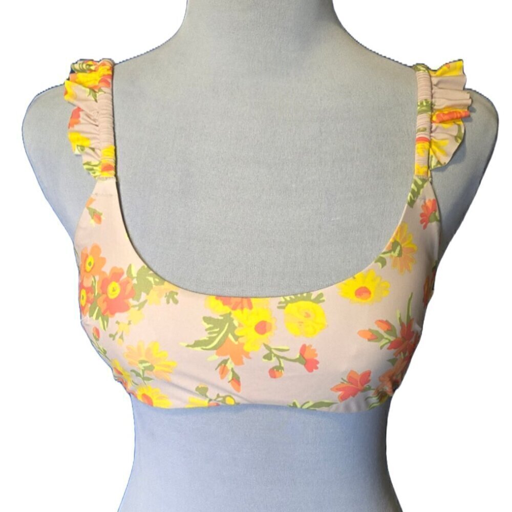 Aerie Bandeau-Style Floral Ruffle Strap Bikini Top Size Medium NWOT Colorful